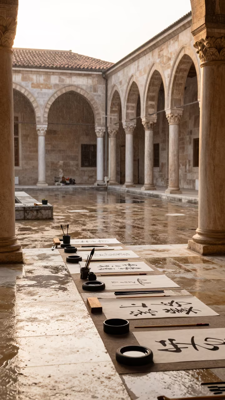 Calligraphy Tables in Mersin Temple Courtyard Morning in in a temple courtyard in Mersin