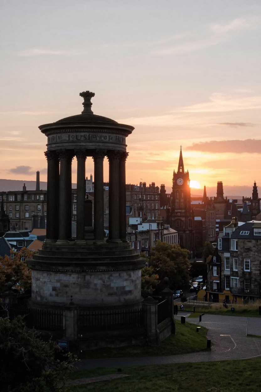 Calton Hill in Edinburgh at As The Sun Drops Toward The Horizon in in Edinburgh, United Kingdom