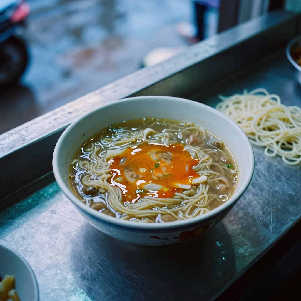Calulu Stew Palm Oil Bowl Blue Hour Noodle Counter in at a noodle counter in Phnom Penh