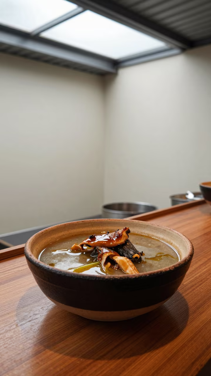 Calulu Stew with Palm Oil at Jakarta Noodle Counter in at a noodle counter in Jakarta