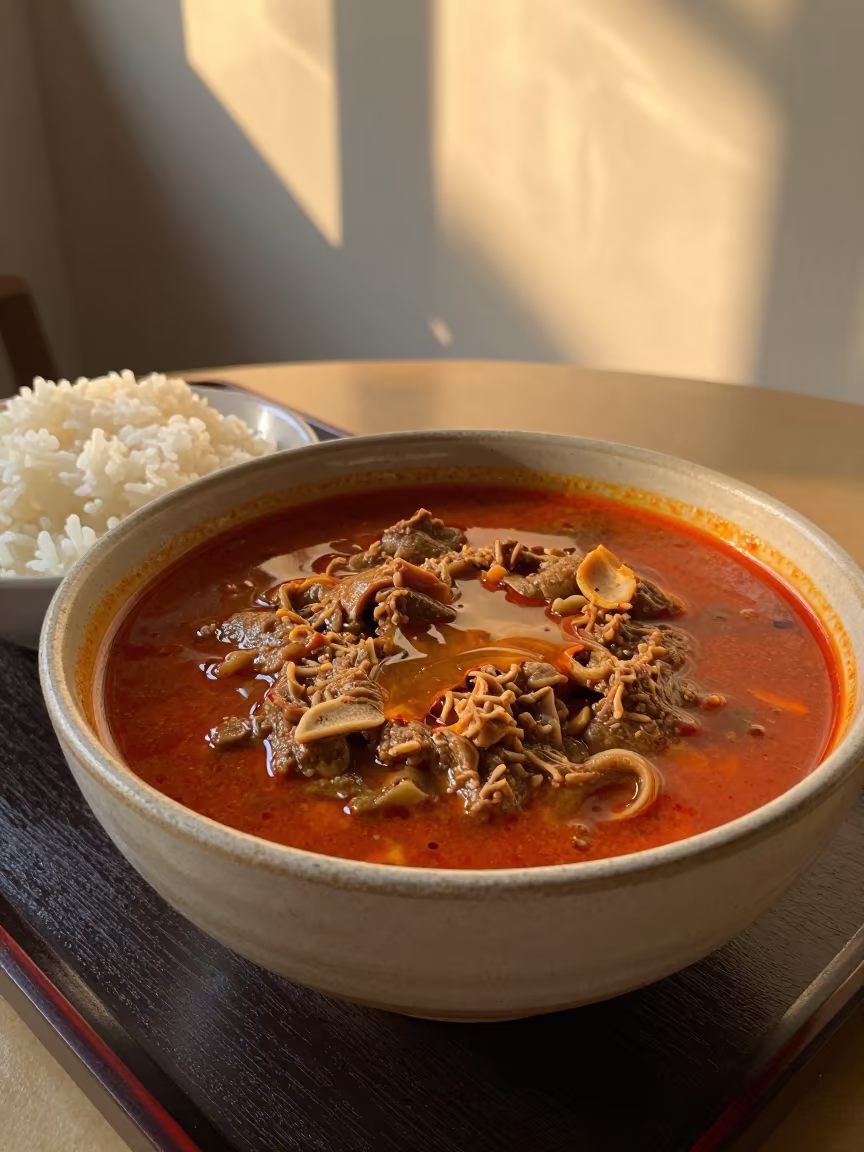 Calulu Stew Palm Oil Manila Golden Hour in on a lacquered tray in Manila