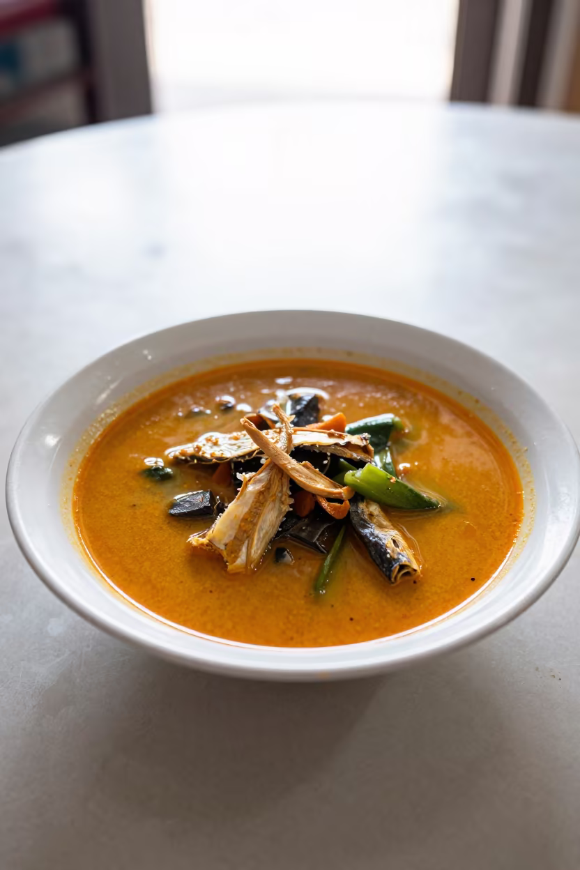 Calulu Stew with Palm Oil in Manila Restaurant in on a restaurant table in Ermita, Manila