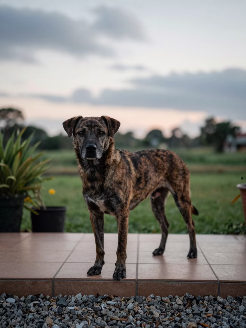 Calupoh Dog on Garden Porch in Evening Light in near a garden edge with soft morning light and an uncluttered background in Keur Massar Sud
