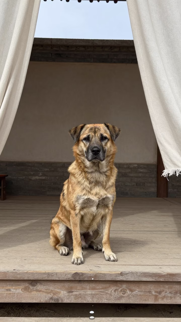 Calupoh Dog on Shaded Porch Near Pingyao Wall in beside a plain courtyard wall in clear daylight with the animal at eye level near Pingyao