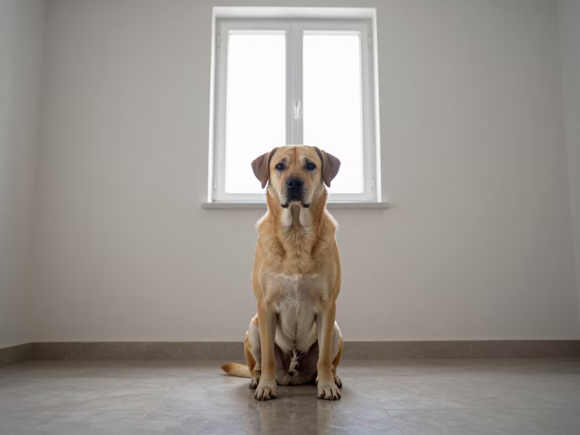 Calupoh Dog Portrait Beside Plaster Wall in beside a plain plaster wall in soft indoor light with the animal centered in frame in Yüksekova district