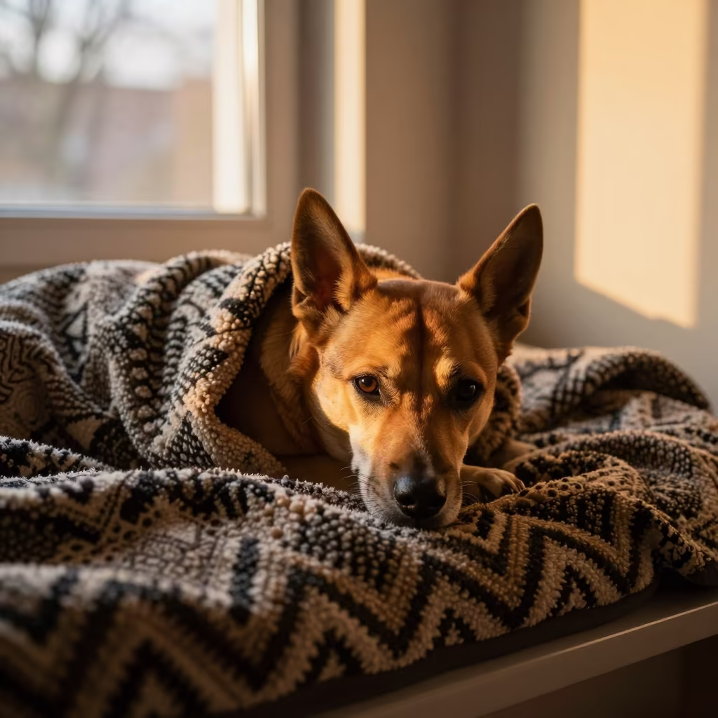 Calupoh Dog Resting on Bedspread Near Window in on a bedspread near a bright window with calm indoor light in Sosnowiec