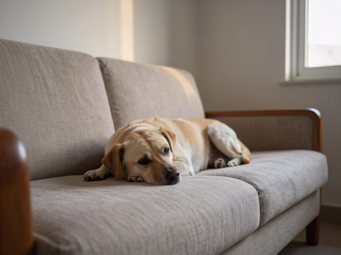 Calupoh Dog Resting on Linen Sofa in Aligarh Morning in on a linen sofa with daylight from a nearby window in Aligarh