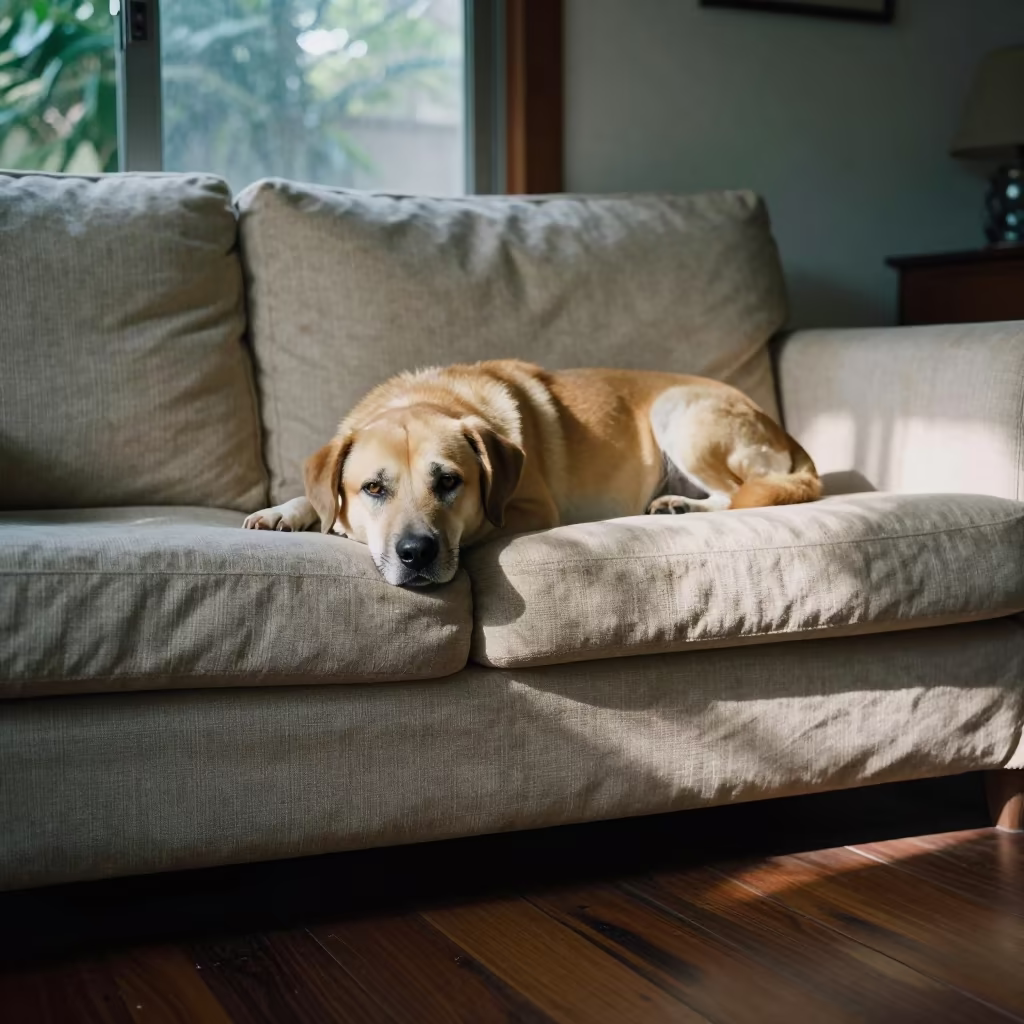 Calupoh Dog Resting on Linen Sofa in Late Afternoon Light in on a linen sofa with daylight from a nearby window in Siem Reap