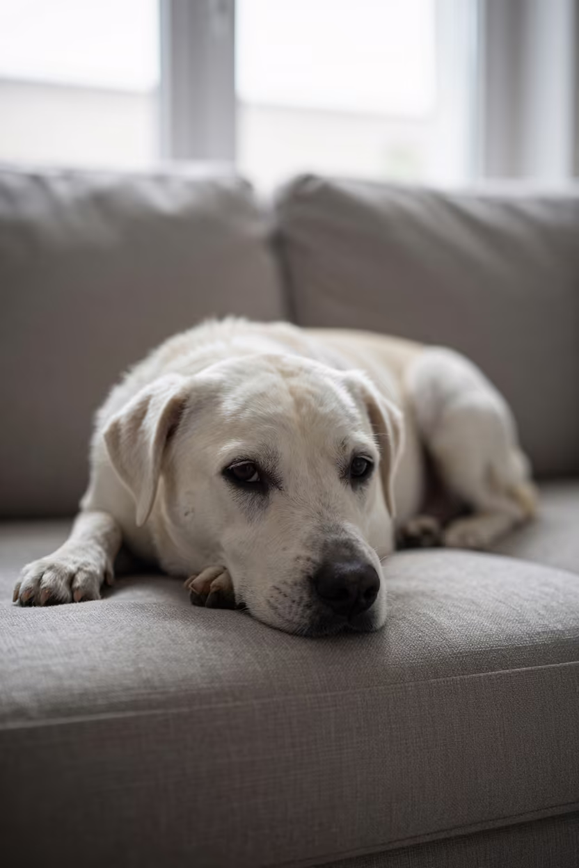 Calupoh Dog Resting on Linen Sofa in Tbilisi in on a linen sofa with daylight from a nearby window in Rustaveli, Tbilisi