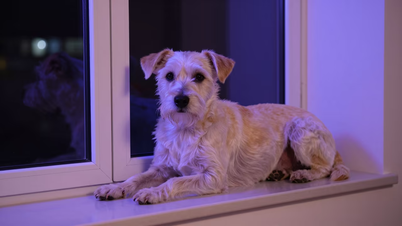 Calupoh Dog Resting on Window Seat at Night in on a window seat in a quiet apartment with soft side light in Karachi