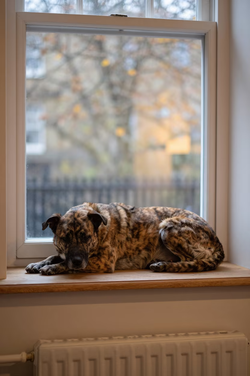 Calupoh Dog Resting on Window Seat in on a window seat in a quiet apartment with soft side light in Bristol