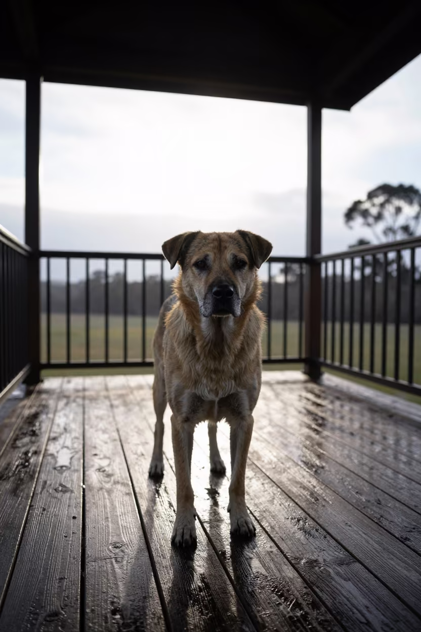 Calupoh Dog Shaded Porch Ballarat Winter in on a shaded front porch with boards, railings, and eye-level framing in Ballarat