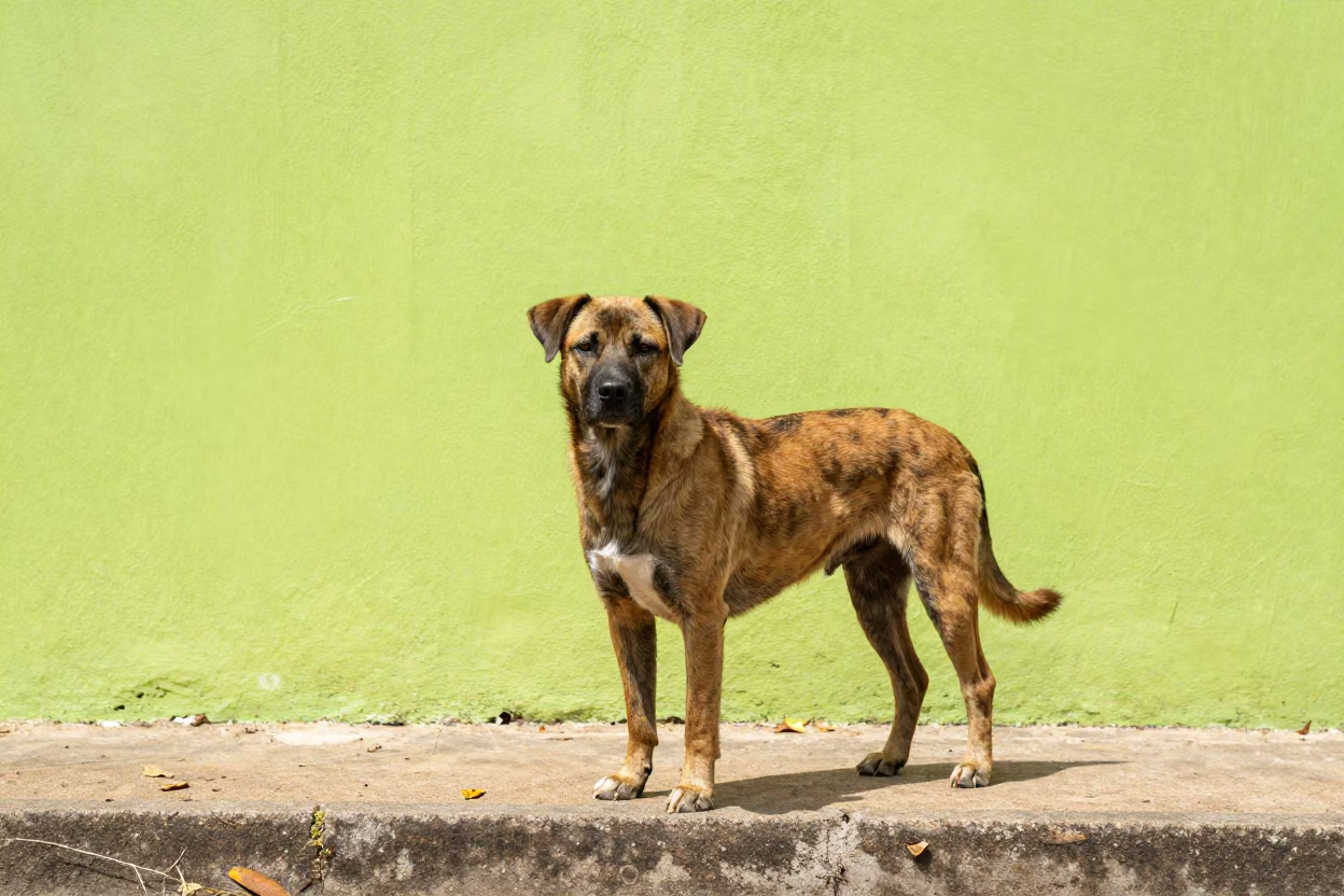 Calupoh Portrait Beside Courtyard Wall in Sangli in beside a plain courtyard wall in clear daylight with the animal at eye level in Sangli