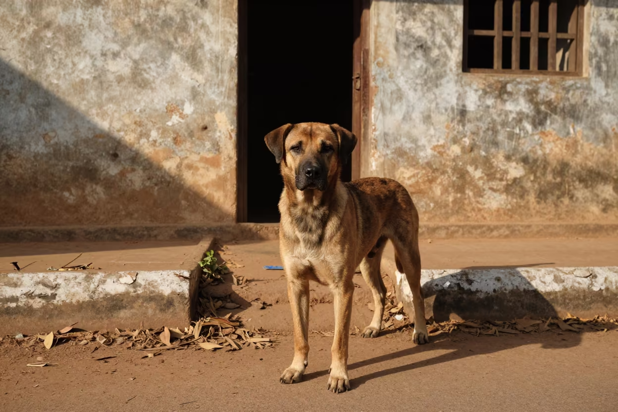 Calupoh Portrait by Courtyard Wall in Benin City in beside a plain courtyard wall in clear daylight with the animal at eye level in Benin City