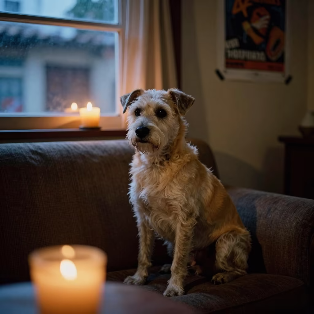 Calupoh Portrait by Window in Warm Candlelight in on a sofa near a curtained window with calm indoor light near Valledupar