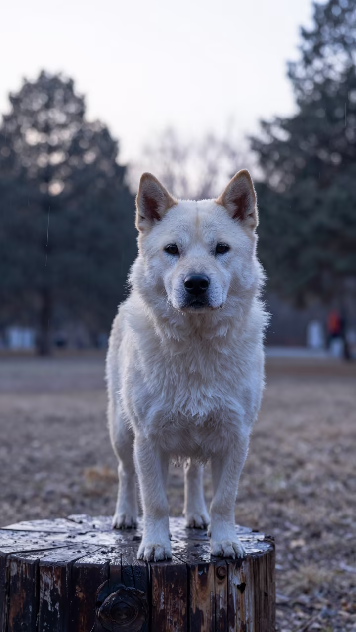 Calupoh Portrait in Beijing Garden Dawn Drizzle in near a garden edge with soft morning light and an uncluttered background in Beijing