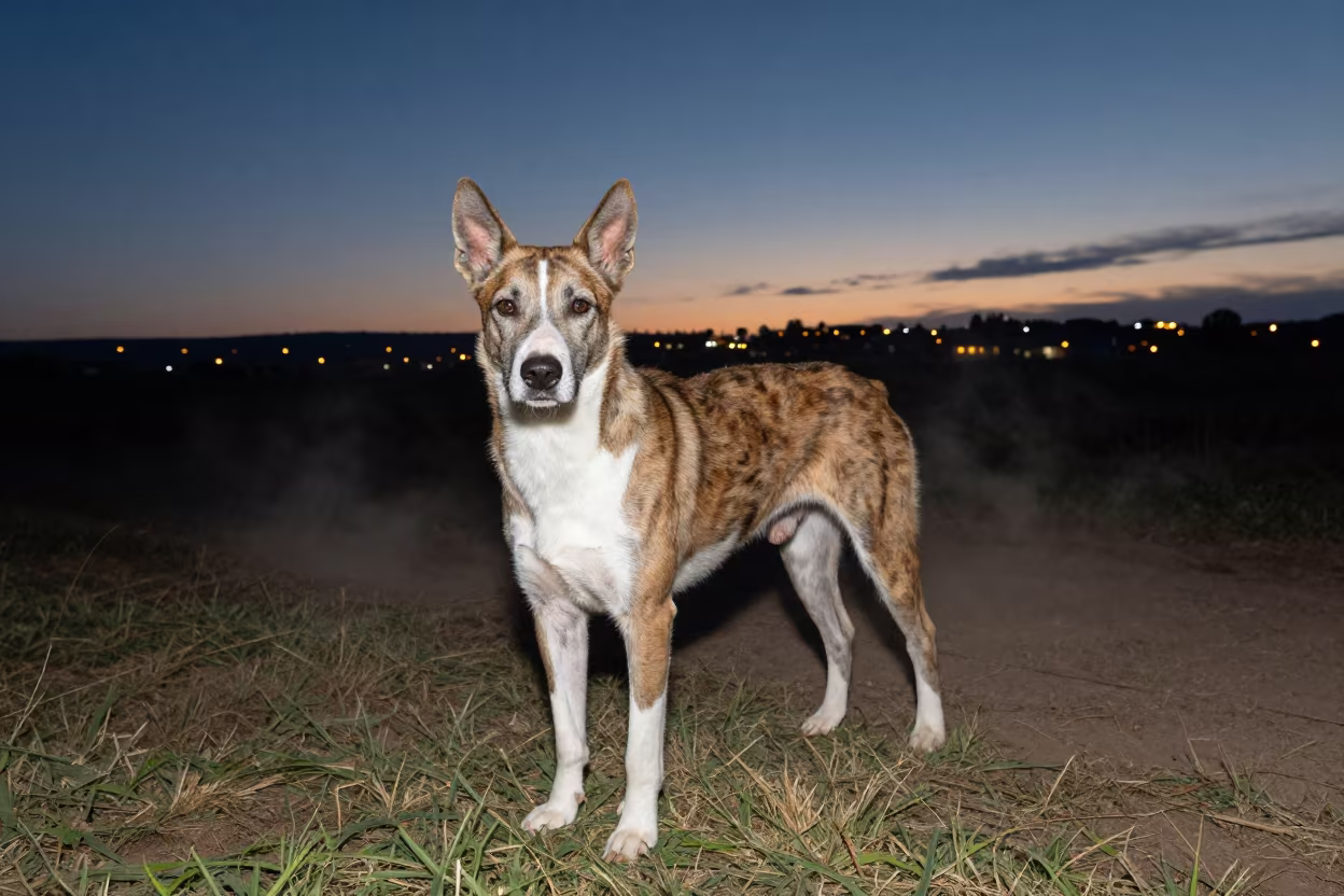 Calupoh Portrait in Kano Twilight with Distant Glow in in a small yard with clipped grass, calm light, and the animal centered in frame in Kano