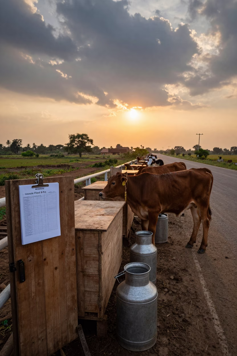 Calves near Warming Box in Chhattisgarh Summer in along a feedlot lane in Chhattisgarh