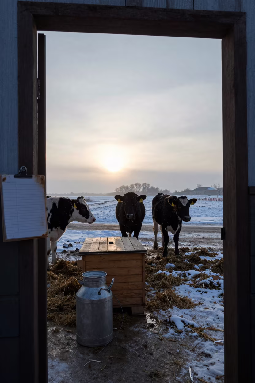 Calves Near Warming Box in Drifting Snow in along a feedlot lane in Russia