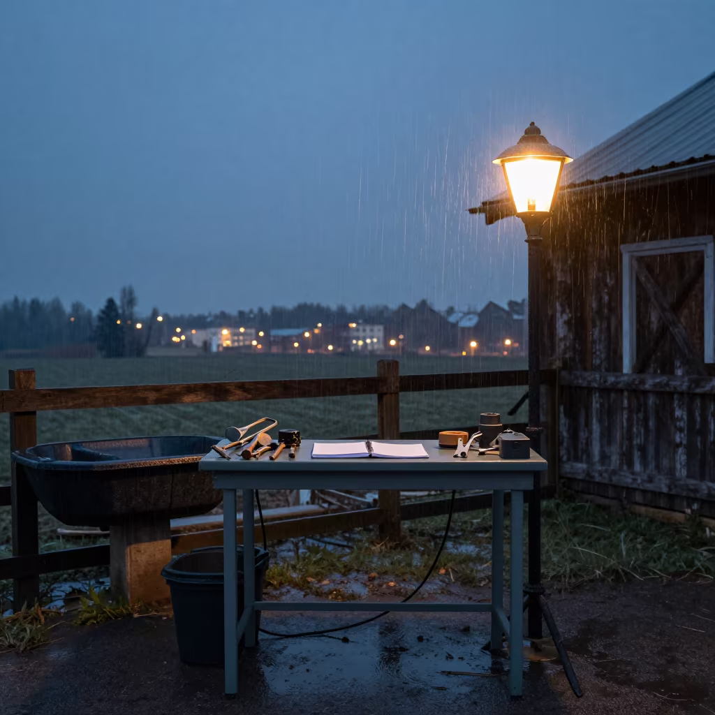 Calving Monitor Desk in Latvian Winter Rain in near a windbreak and water trough in Latvia