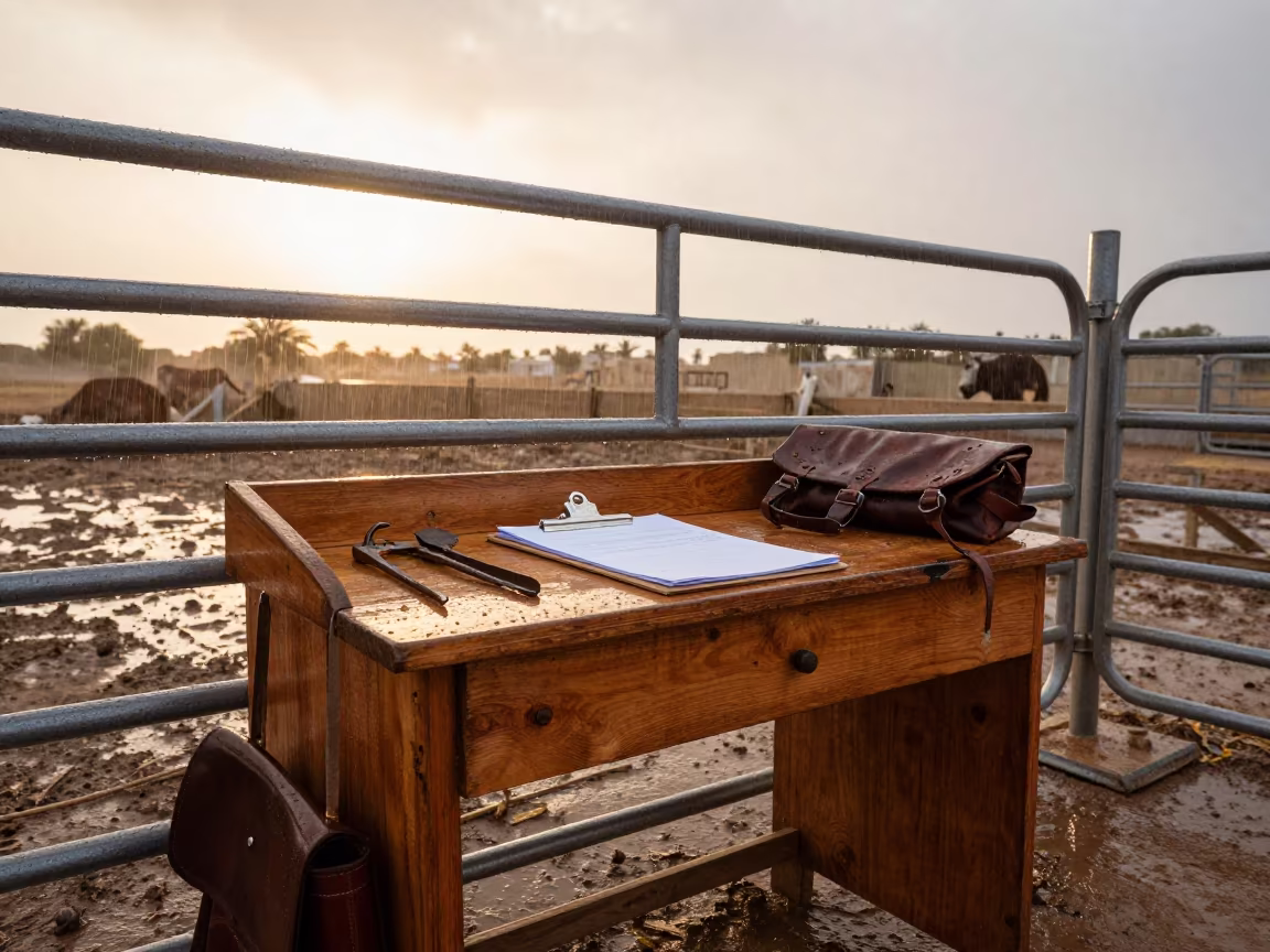 Calving Monitor Desk in Rainy Oman Pasture in beside a pasture gate in Oman