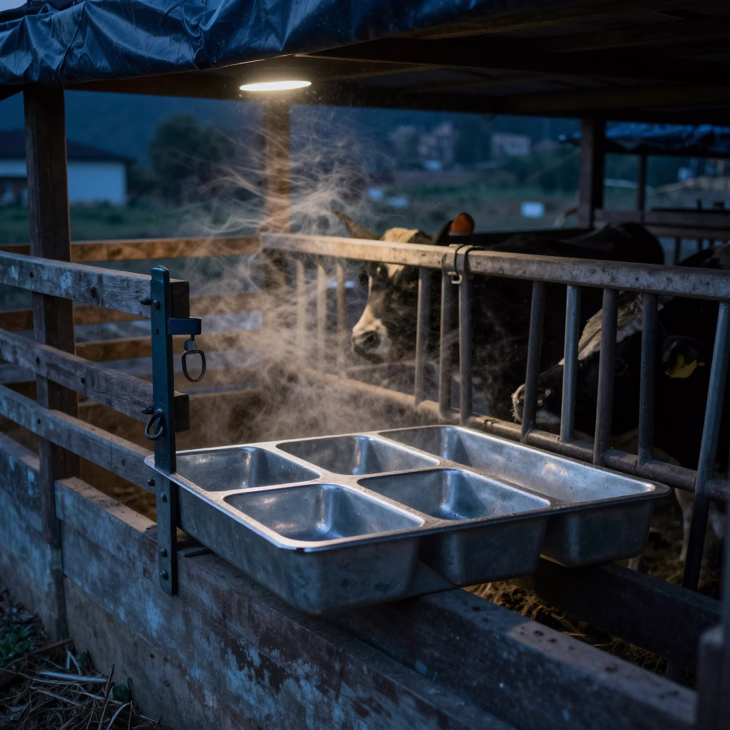 Calving parts tray in winter midnight light in inside a ranch corral in Uttarakhand