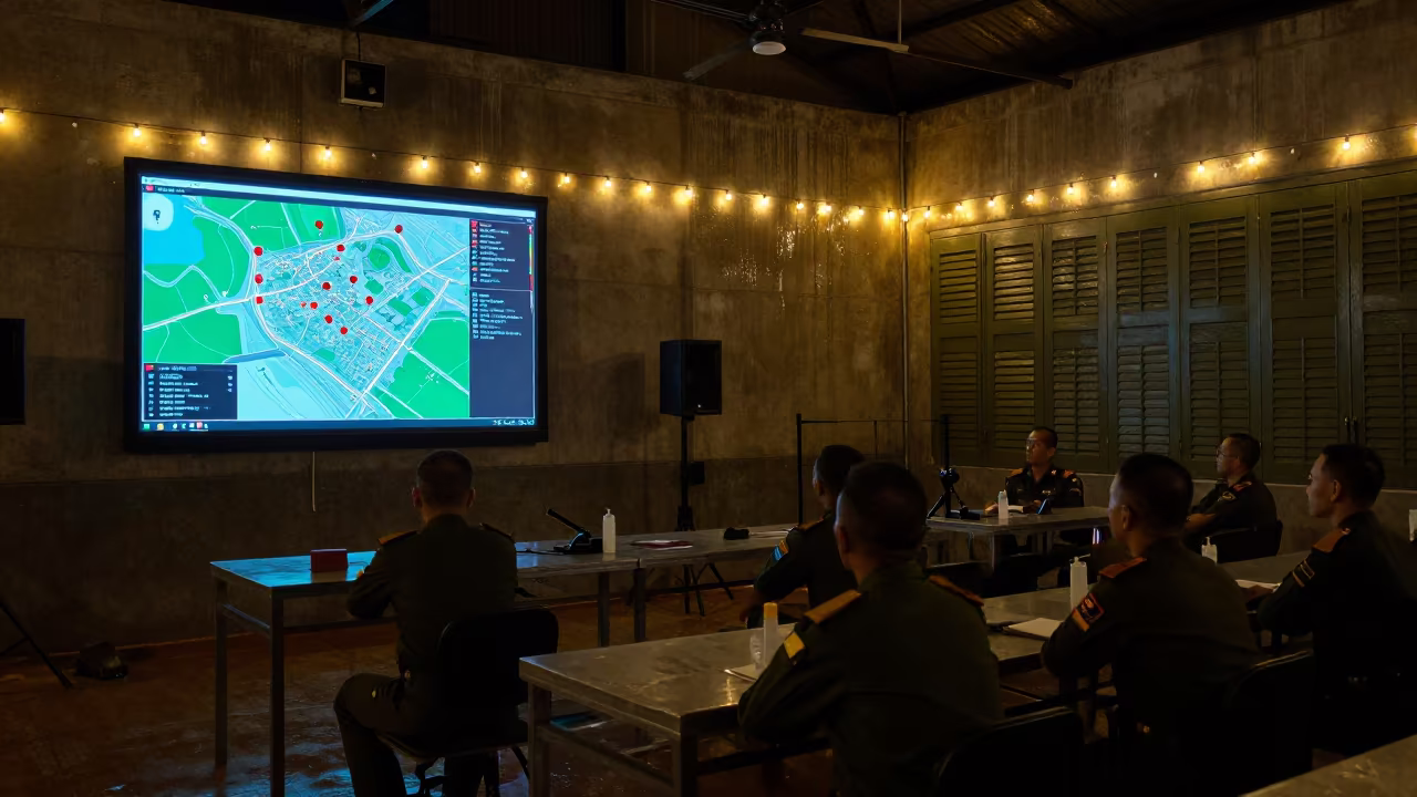 Cambodia Night Briefing Room Maps Screens in inside a briefing room in Cambodia