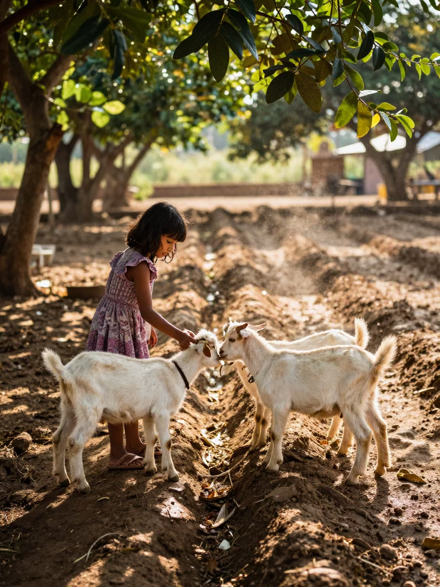Cambodian Girl Feeds Kids in Wet Season in along freshly irrigated rows in Cambodia