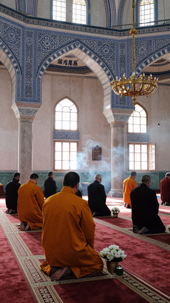Low angle view of Cambodian Pchum Ben ceremony inside Turkish mosque in in a mosque prayer hall in Şanlıurfa
