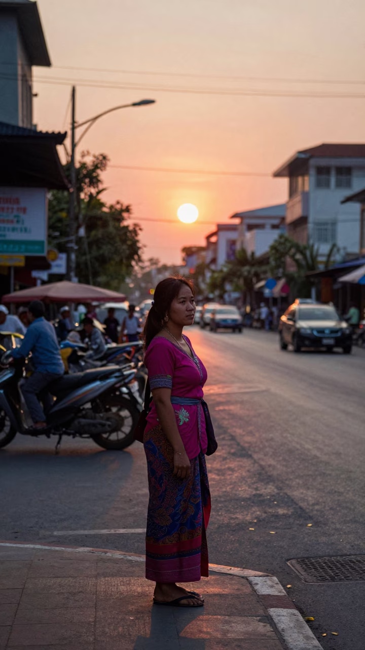 Cambodian Woman in Phnom Penh at As The Sun Drops Toward The Horizon in in Phnom Penh, Cambodia