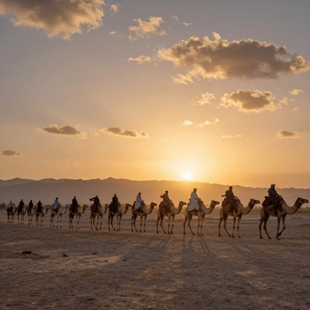 Camel Caravan Crossing Alpine Saddle at Sunset in on a wind-open causeway near Isfahan