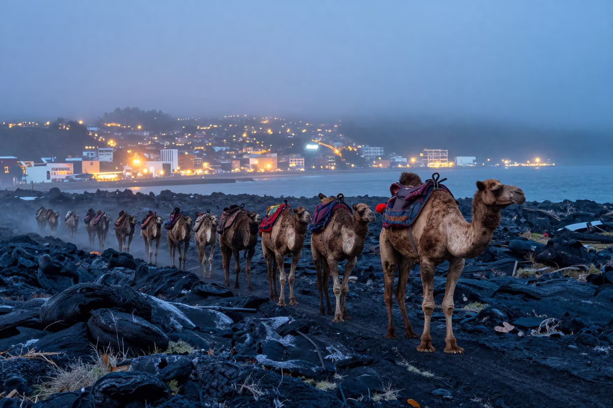 Camel Caravan on Black Lava at Autumn Harbor in beside a fogbound harbor mouth in Colombia