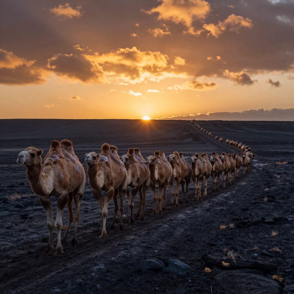 Camel Caravan on Black Lava Field in in Georgia