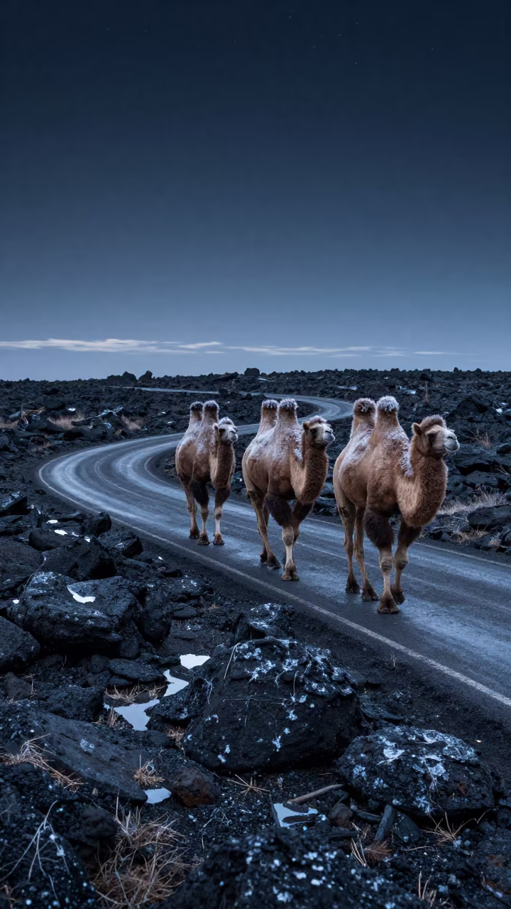 Camel Caravan on Black Lava Under Starlight in along a switchback approach near Almaty