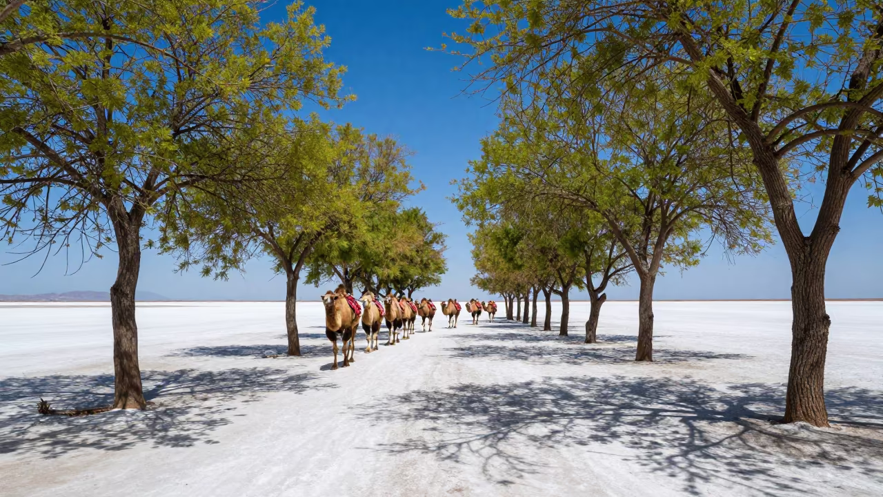Camel Caravan Crosses New Mexico Salt Flats in across a remote ferry crossing in New Mexico