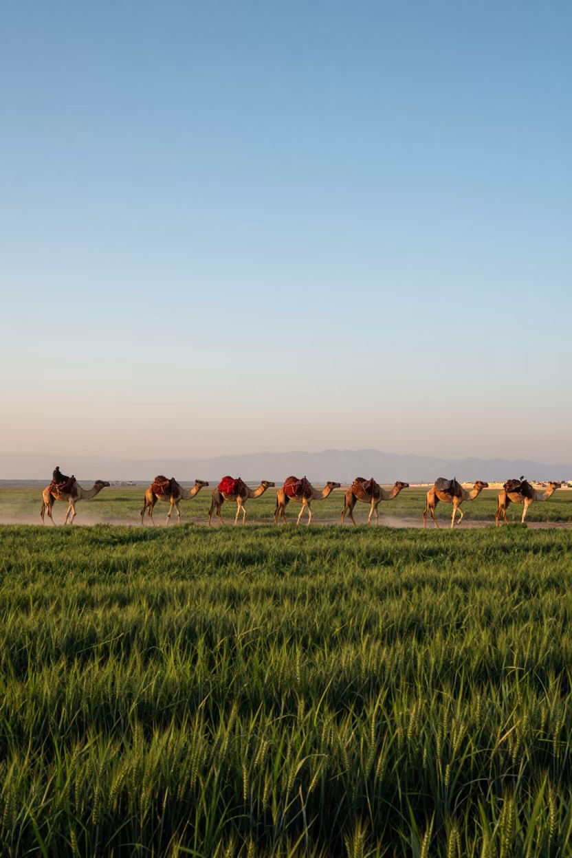 Camel Caravan Crosses Wheat Fields at Sinai Dusk in beside a fogbound harbor mouth in Sinai