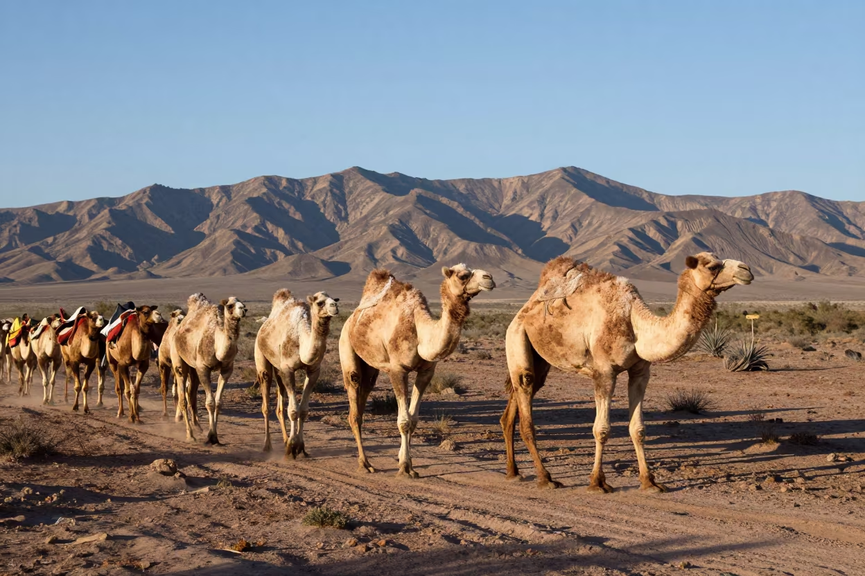 Camel Caravan Crossing Marsh Causeway at Sunset in in Arizona