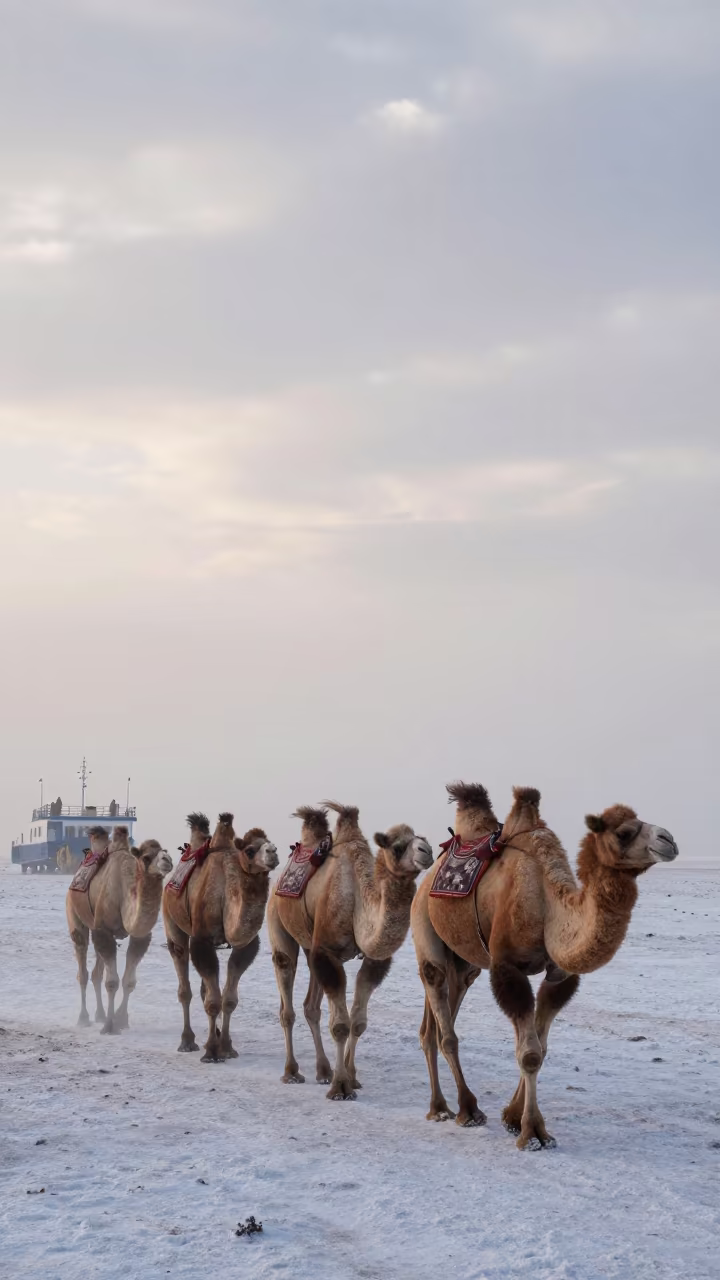 Camel Caravan Crossing Salt Flats at Dawn in Iran in across a remote ferry crossing in Iran