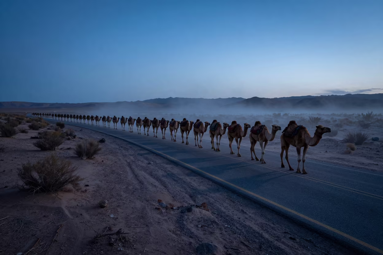 Camel Caravan on Desert Switchback at Twilight in along a switchback approach near Phoenix