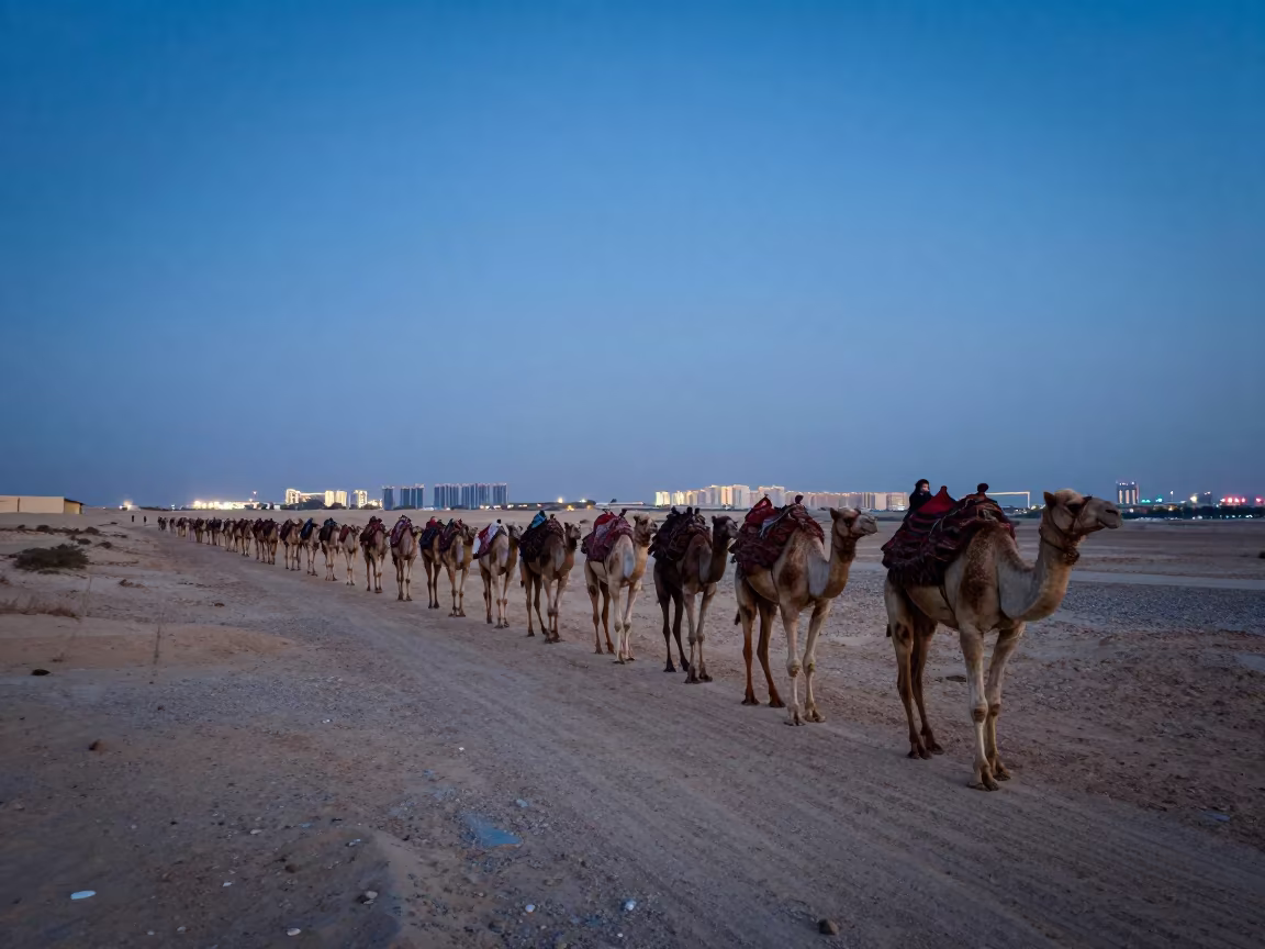 Camel Caravan Crossing Dubai Causeway at Dusk in on a wind-open causeway near Dubai