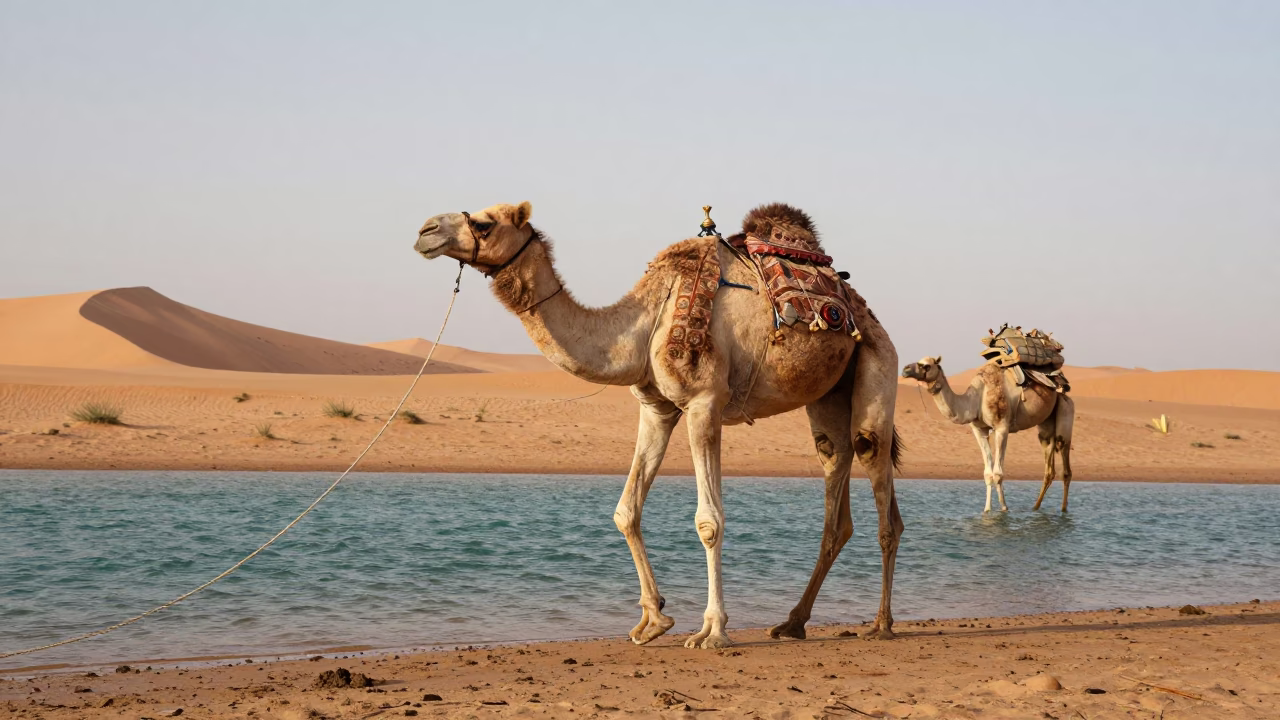 Camel Caravan Ferrying Across Abu Dhabi Oasis in across a remote ferry crossing near Abu Dhabi