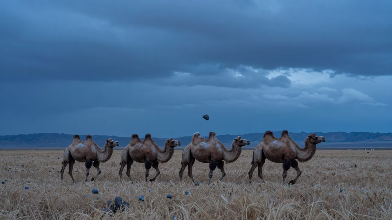 Camel Caravan Frozen in Blue Hour Nevada Wheat in in Nevada