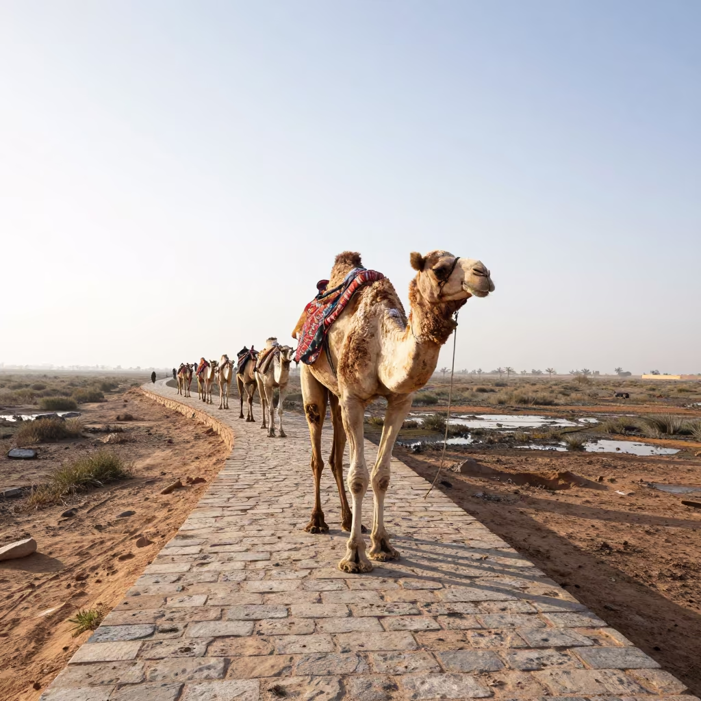 Camel Caravan Crossing Marsh Causeway in Morocco in along a switchback approach in Morocco