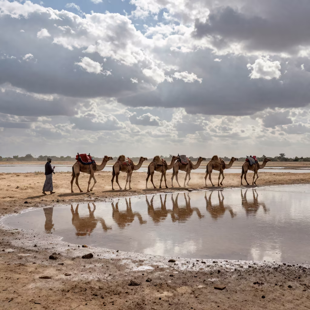 Camel Caravan on Marsh Causeway Under Stacked Clouds in in Rajasthan
