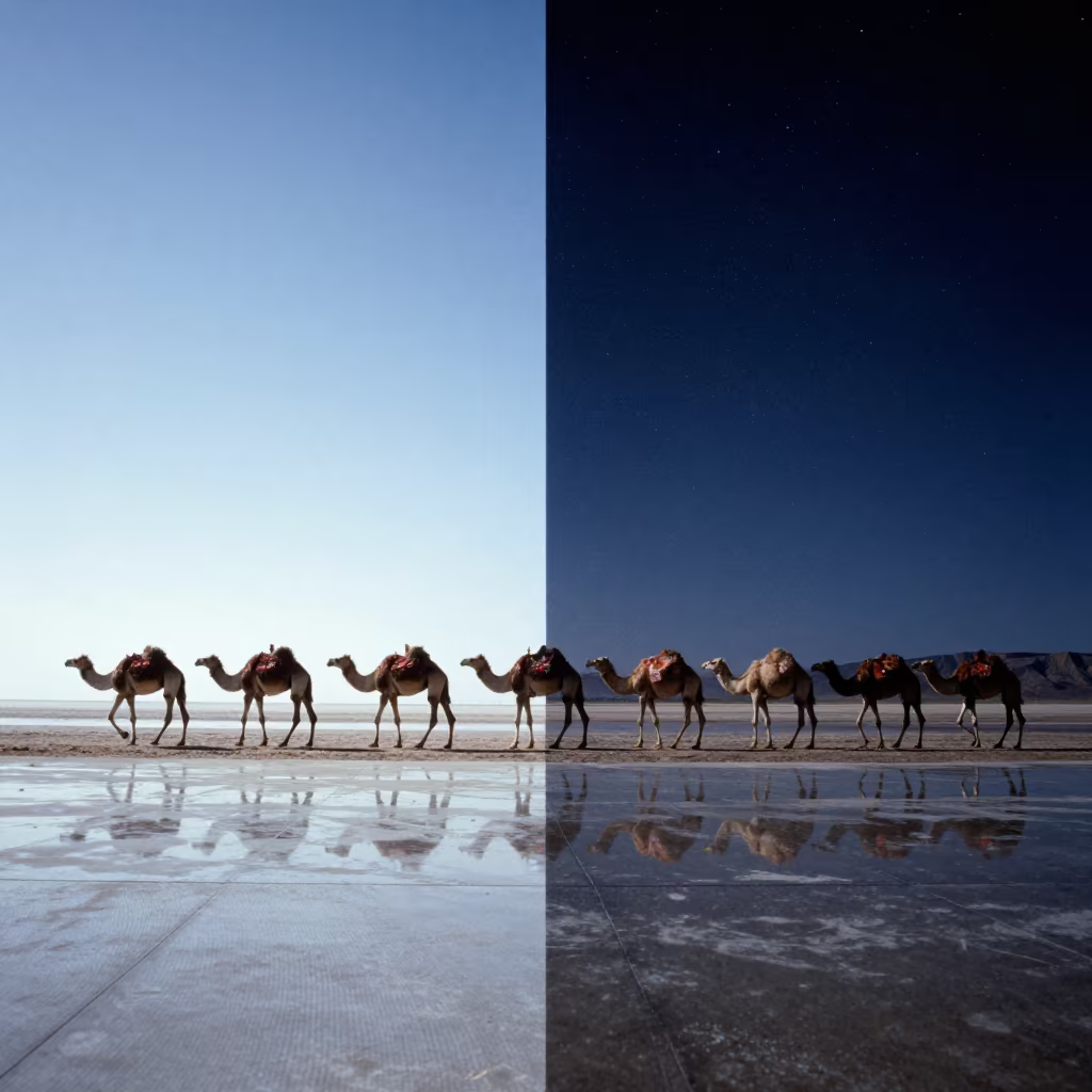 Camel Caravan Mirrored on Utah Causeway in on a wind-open causeway in Utah
