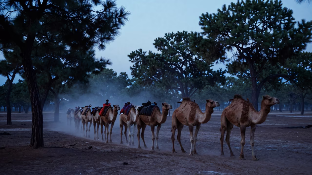 Camel Caravan in Namibian Pine Forest Twilight in in Namibia