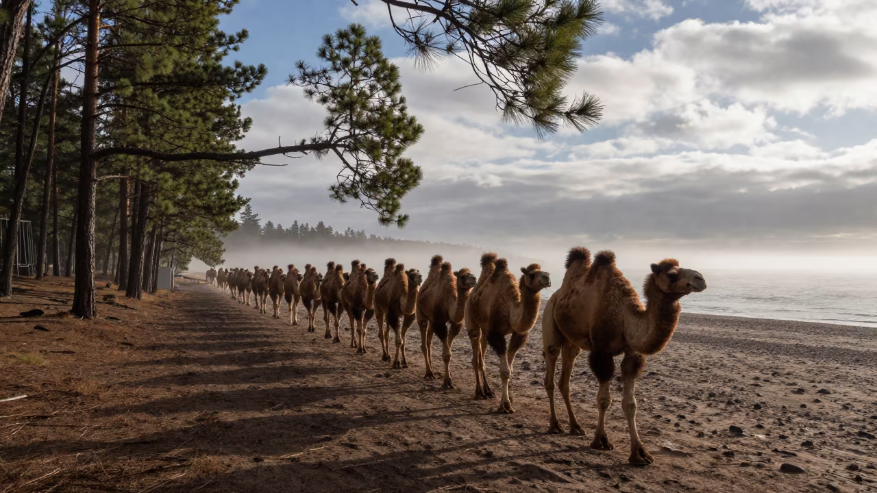 Camel Caravan Pine Forest Dawn New Mexico in beside a fogbound harbor mouth in New Mexico