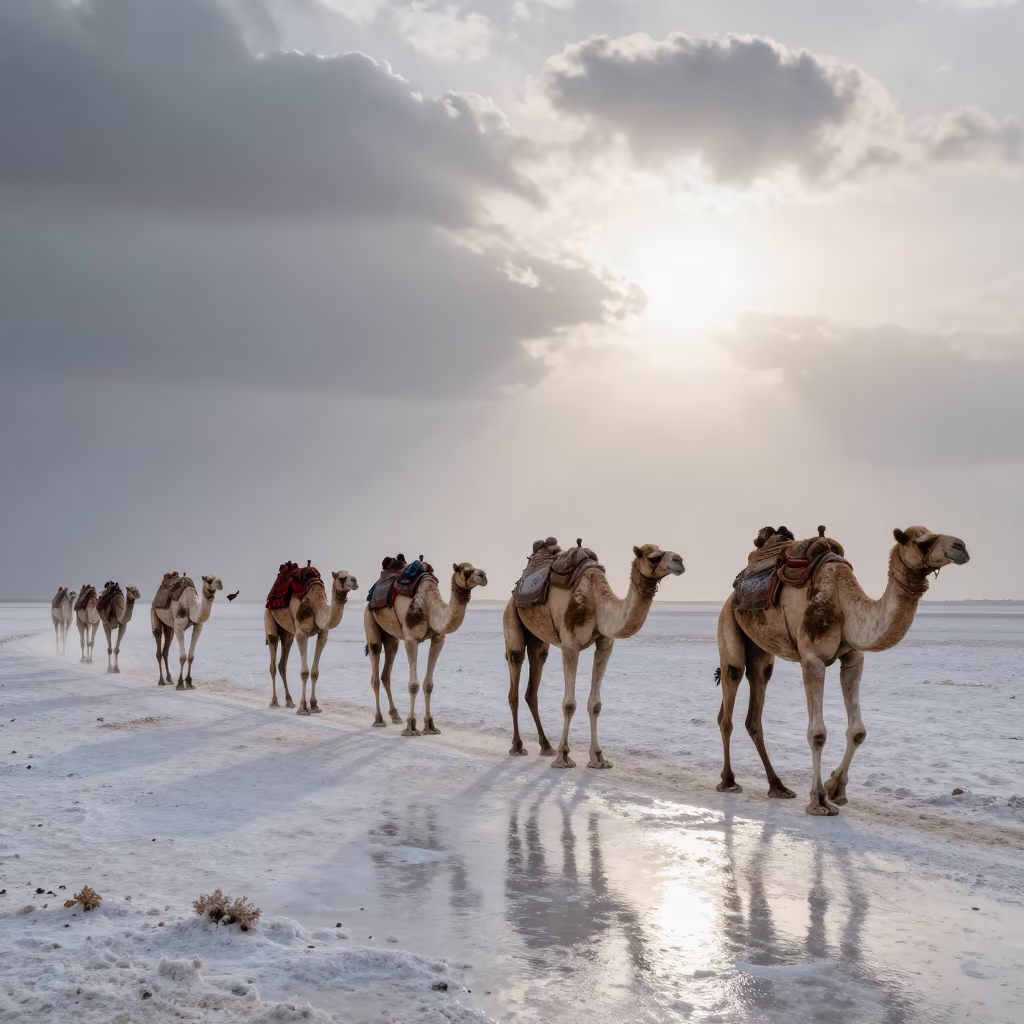 Camel Caravan Crossing Salt Flats Under Clouds in along a switchback approach near Muscat