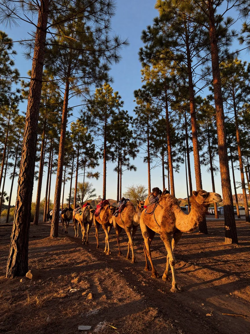 Camel Caravan Sunset Arizona Pine Forest in on a wind-open causeway near Tucson