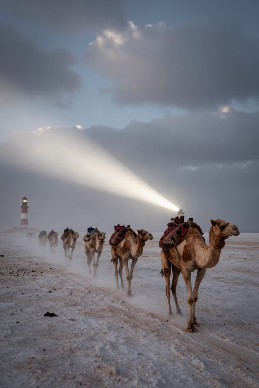 Camel Caravan Swept by Lighthouse Light in beside a fogbound harbor mouth in Libya